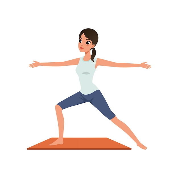 Meisje permanent in Hero yoga positie Virabhadrasana mooie vrouw beoefenen van yoga vector illustratie op een witte background