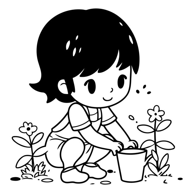 Meisje plant een bloem in de tuin Leuke cartoon vector illustratie