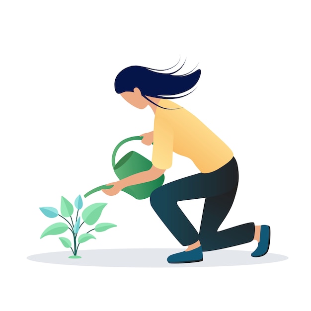 Vector meisje planten water geven. tuinieren, plantkunde concept.