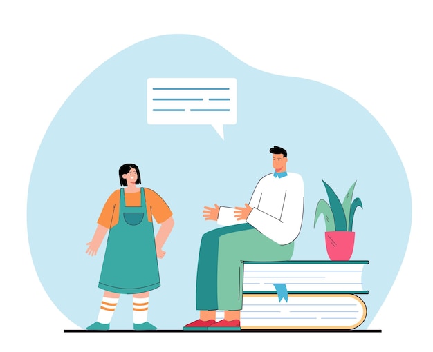 Meisje praten met man zittend op stapel boeken. Vlakke afbeelding. Man en vrouw die het delen van gedachten communiceren. Literatuur, onderwijs, verbeeldingsconcept. Bestemming van webpagina's