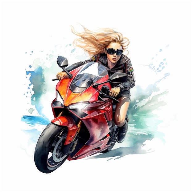 Meisje rijden op een motorfiets aquarel verf