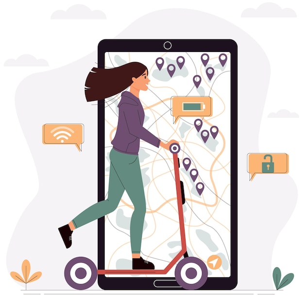 Meisje rijdt op een elektrische scooter Verhuurserviceconcept Vectorillustratie