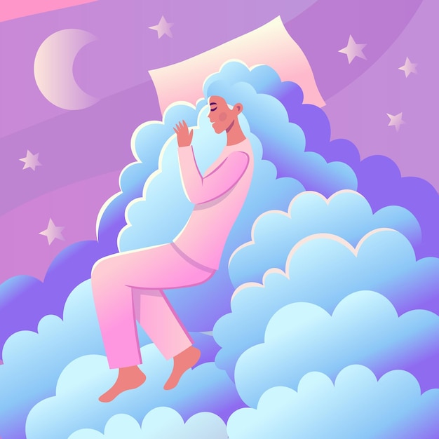 Meisje slaapt in de wolkenSoncept van gezonde slaap gemakkelijk ontwaken Vectorillustratie