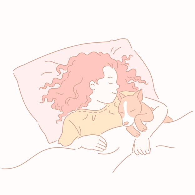 Meisje slapen in bed knuffelen corgi in lijnstijl