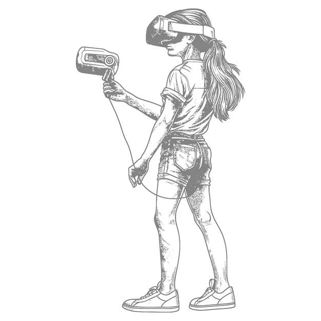 meisje speelt virtuele realiteit headset met gravure stijl zwarte kleur alleen