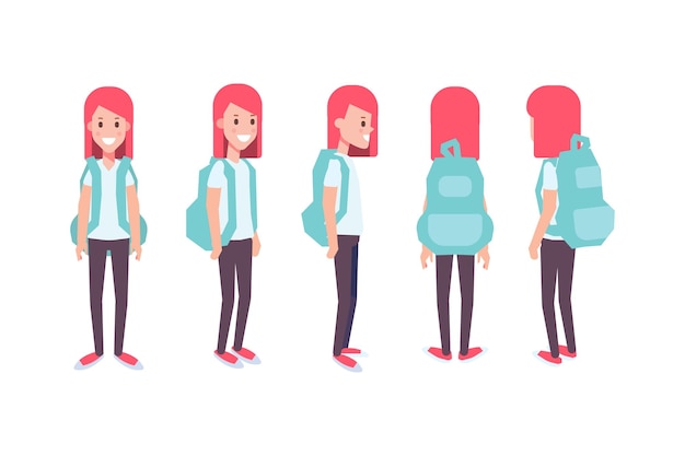 Meisje tiener voorzijde achteraanzicht platte vector teken voor animatie Afzonderlijke lichaamsdelen