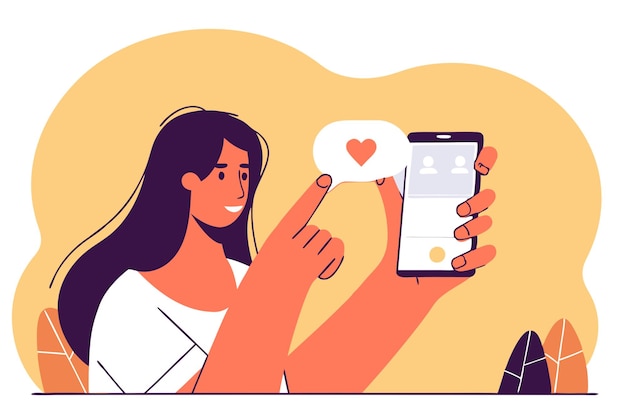Meisje verzamelt likes op sociale media Concept van verslaving aan sociale media Vector platte illustratie