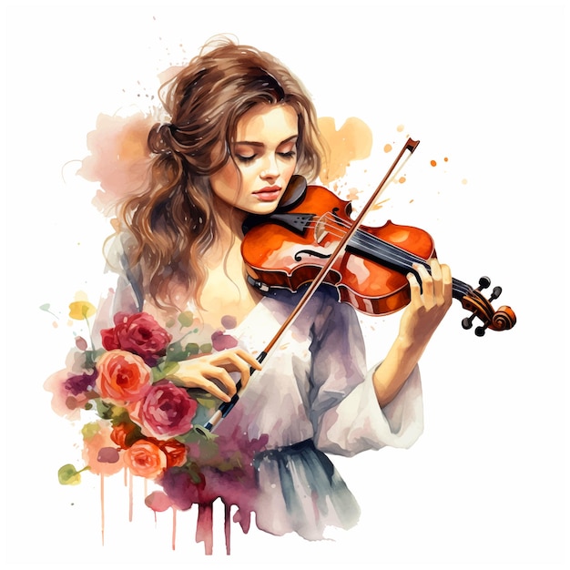 Meisje viool spelen met bloemen aquarel verf ilustration