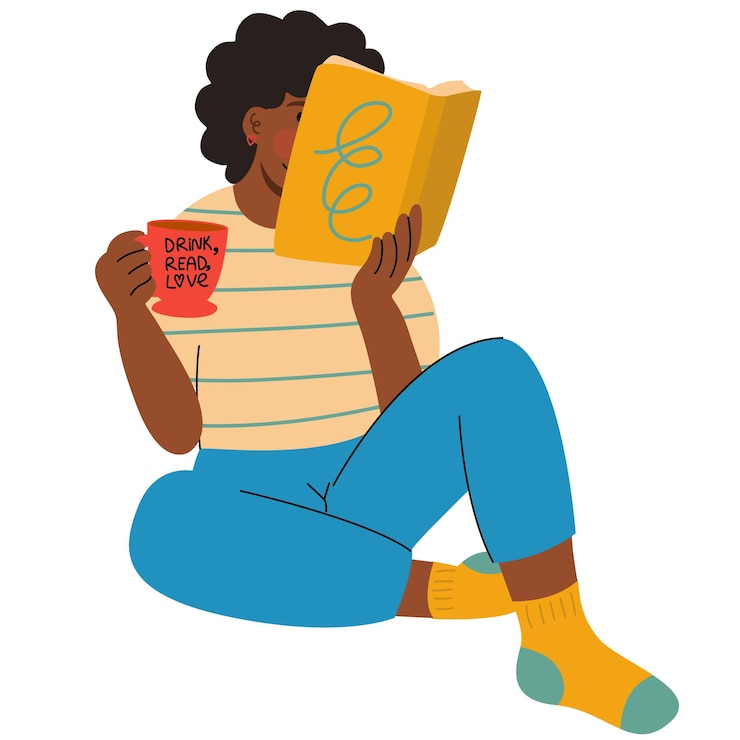 Vector meisje vrouw leest een boek met een kopje drank lees boeken minnaar ontspannende tijd om te lezen