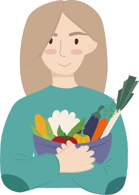 Vector meisje, vrouw met de kom met groenten. wereld vegetarische dag. vrouw met groenten.