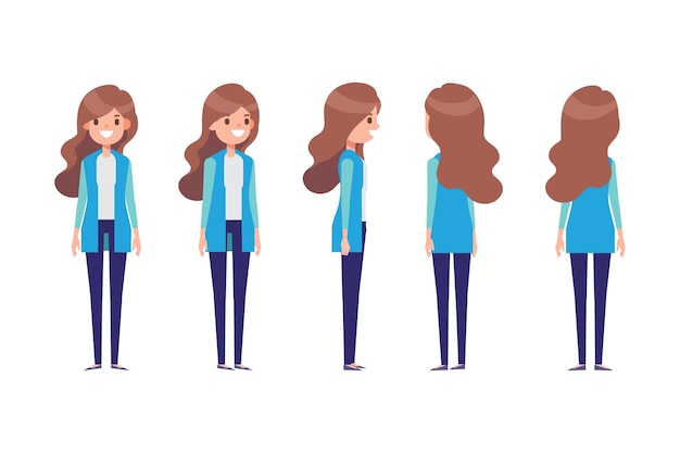 Meisje Vrouw voorzijde achteraanzicht plat vectorkarakter voor animatie Afzonderlijke lichaamsdelen