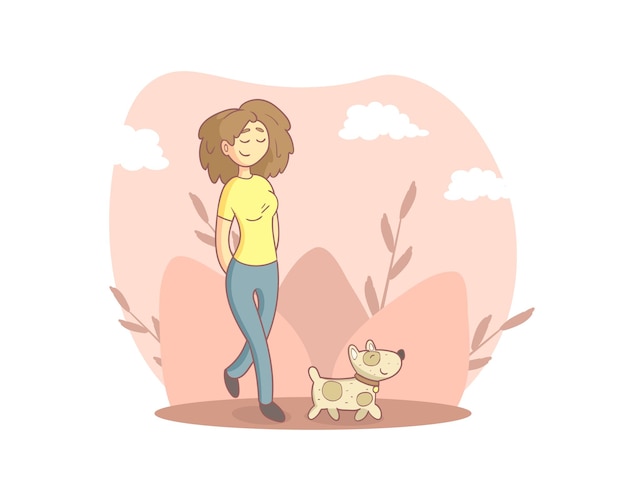 Meisje wandelt met haar honden in het park persoon geniet van prachtige natuur vector illustratie