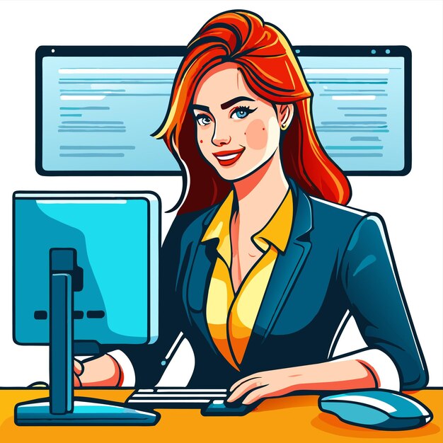 Vector meisje werkt op het kantoor bureau met de hand getekend platte stijlvolle cartoon sticker icoon concept geïsoleerd