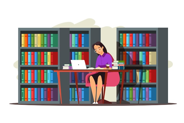 Vector meisje zit en studeert aan de schoolbibliotheek student met laptop en stapels boeken lezen en schrijven aan tafel in universiteitsboekenkasten op achtergrond