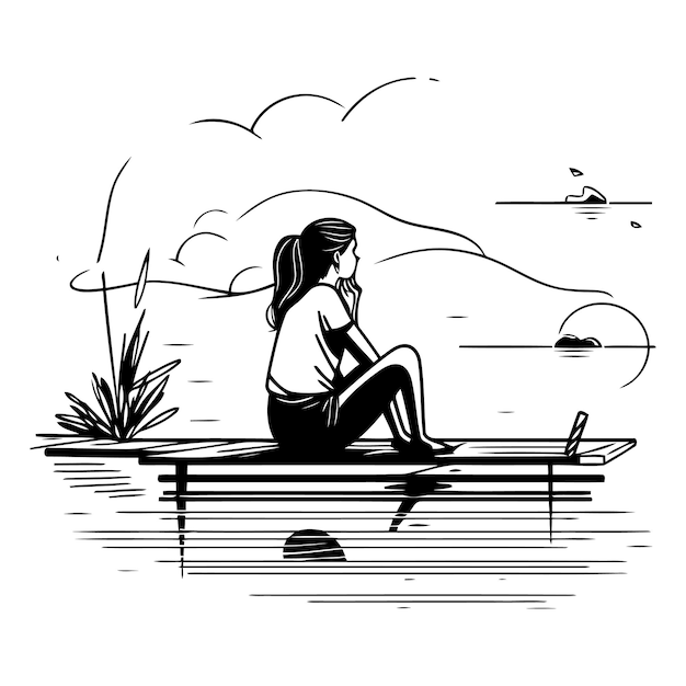 Meisje zit op een bankje op het meer Vector handgetekende illustratie