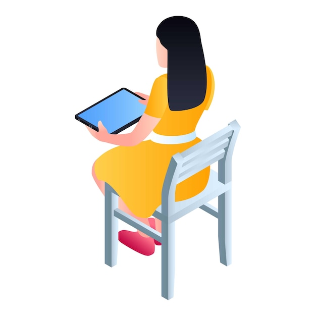 Meisje zit op stoel met tabletpictogram Isometrisch van meisje zit op stoel met tablet vectorpictogram voor webontwerp dat op witte achtergrond wordt geïsoleerd