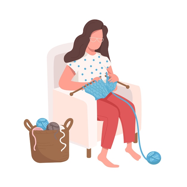Meisje zit semi-egale kleur vector teken te breien. Poserend figuur. Volledige lichaamspersoon op wit. Ambacht voor creatieve rust geïsoleerde moderne cartoonstijlillustratie voor grafisch ontwerp en animatie