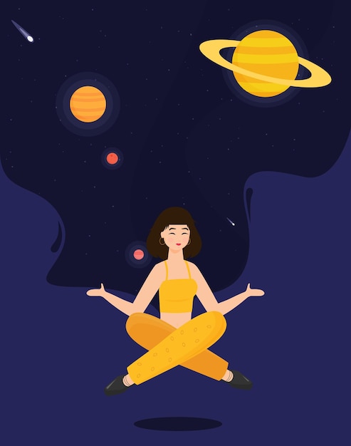 Meisje zittend in een yoga lotushouding Meditatie meisje Yoga in de natuur Vector illustratie