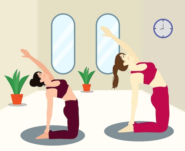 Meisjes doen workout en yoga in de fitnessruimte.