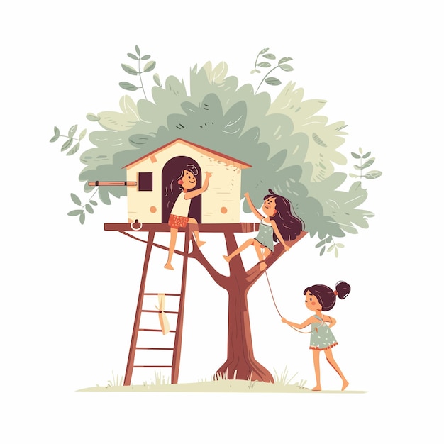 Meisjes hebben plezier met het klimmen op het boomhuis met de ladder.