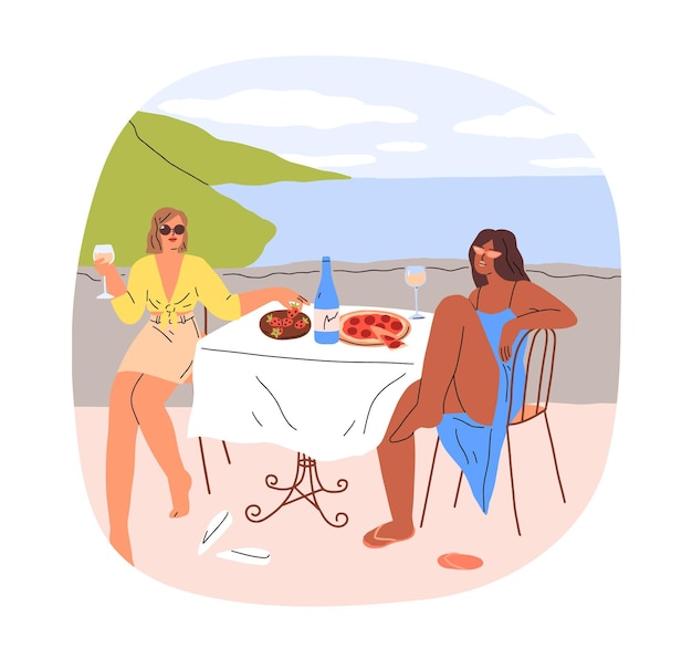 Meisjes koppel aan tafel van strandcafé aan zee op vakantie. Vrouwen die pizza eten, drinken, ontspannen aan de zeekust, zomervakantieoord. Platte grafische vectorillustratie geïsoleerd op een witte achtergrond