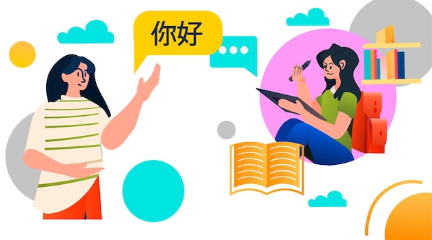 Meisjes leren taal tijdens videogesprek online onderwijs e-learning concept horizontaal