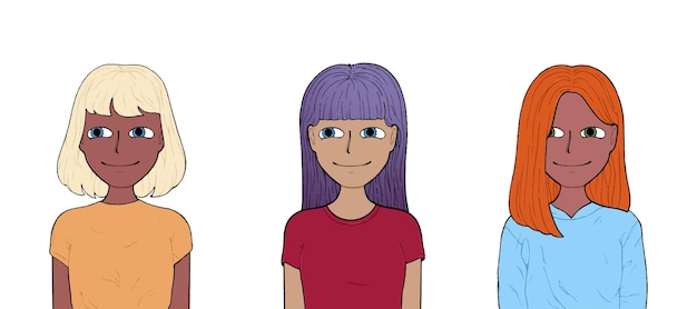 Meisjes met ander haar en verschillende gekleurde kleding doodle lijn cartoon