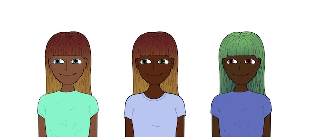Vector meisjes met ander haar en verschillende gekleurde kleding doodle lijn cartoon