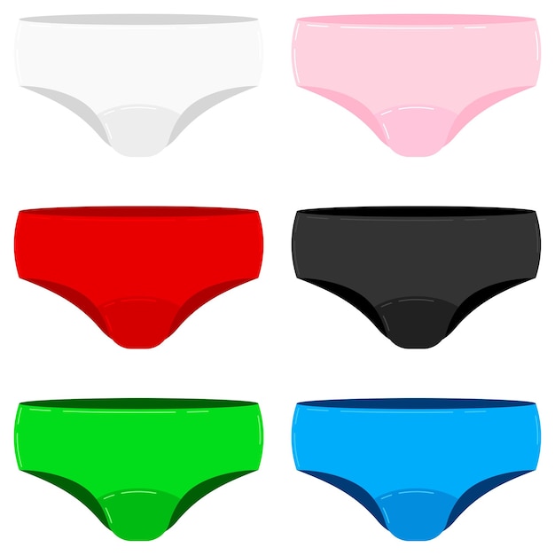 Meisjes onderbroek vector set geïsoleerd op een witte achtergrond. witte, zwarte, roze, rode, blauwe, groene dameslingerie. vrouwelijke slip. dames slipje. vectorillustratie platte ontwerp cartoon stijl kleding.