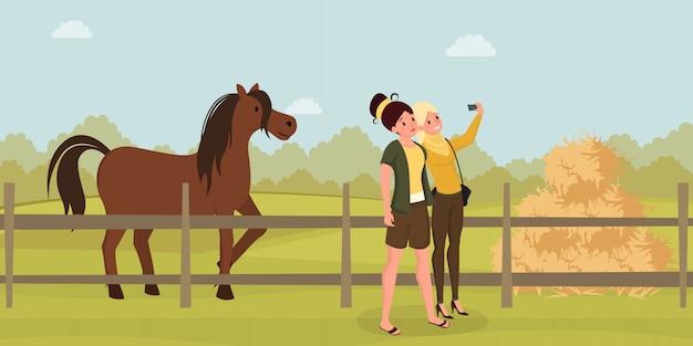 Vector meisjes selfie op boerderij vlakke afbeelding. jonge vrouwen die de karakters van het paardbeeldverhaal fotograferen.