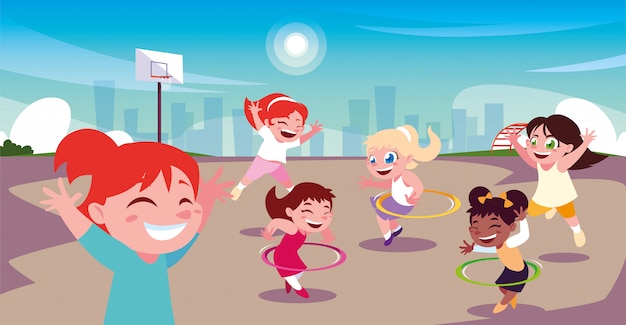 Meisjes spelen en sporten in het stadspark