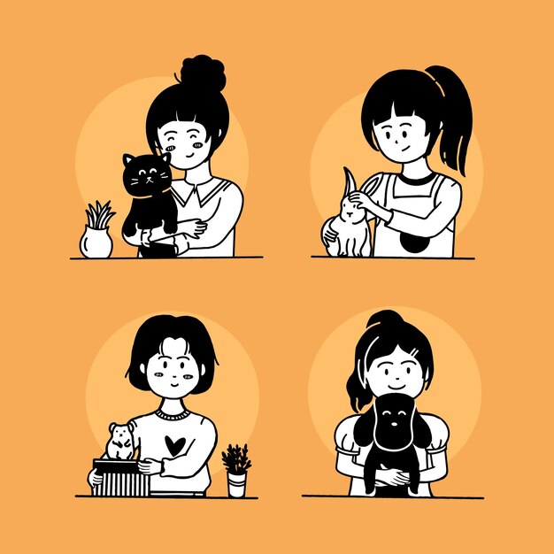Vector meisjes spelen met haar huisdier kat hond konijn en hamster vectorillustratie