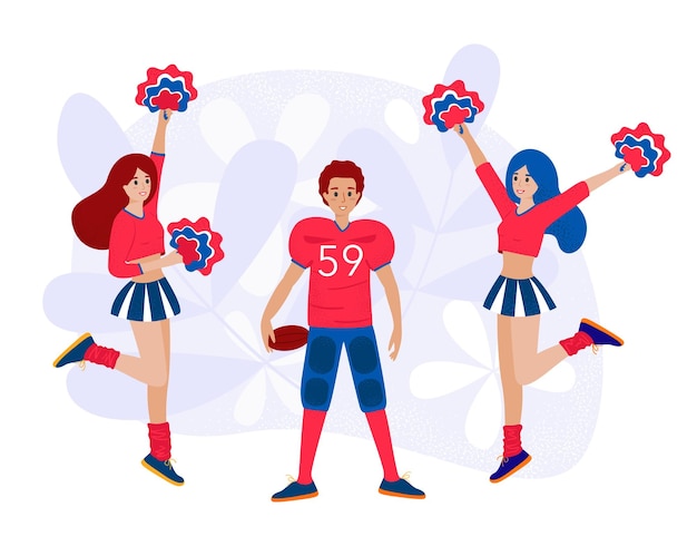 Meisjes van het cheerteam met pompons en American football-speler