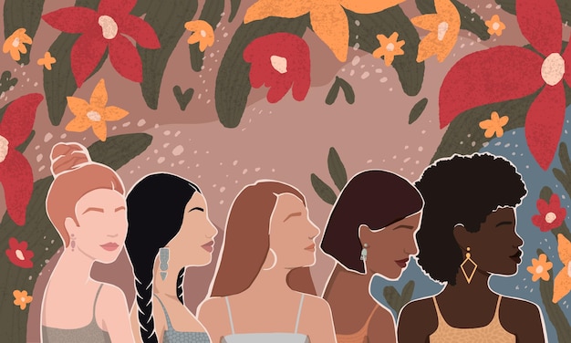 Vector meisjes van verschillende rassen samen moderne illustratie met bloemen en bladeren geïsoleerd door lagen