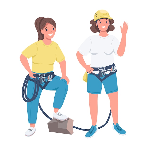 Meisjes wandelen samen semi egale kleur vector tekens staande cijfers volledige lichaam mensen op witte actieve sport club eenvoudige cartoon stijl illustratie voor web grafisch ontwerp en animatie