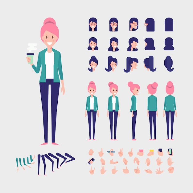 Meisjeskarakter voor animatie Verschillende kapsels en gebaren Voorkant achteraanzicht