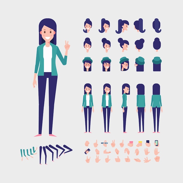 Meisjeskarakter voor animatie Verschillende kapsels en gebaren Voorkant achteraanzicht