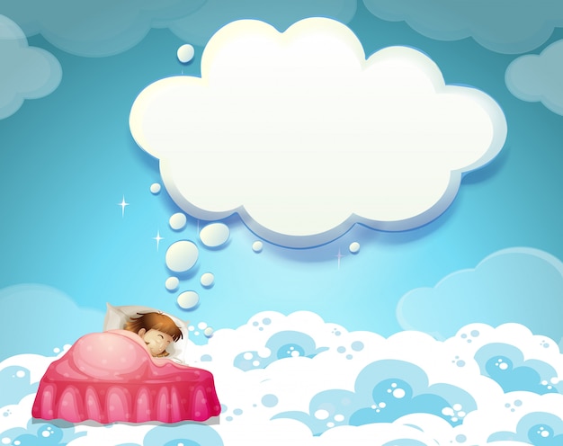 Meisjeslaap in bed met wolkenachtergrond