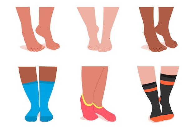 Meisjesvoeten in sokkenbeeldverhaalreeks die op een witte achtergrond wordt geïsoleerd.