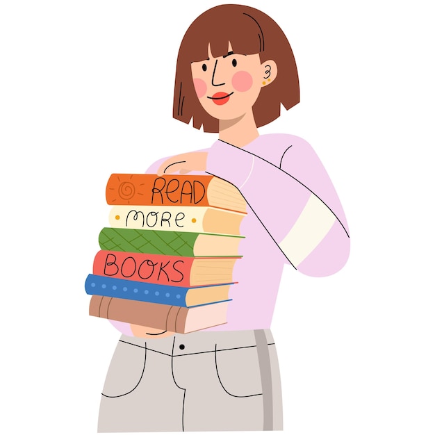 Meisjesvrouw met een stapel boekenLees boekenminnaar Lees meer boeken