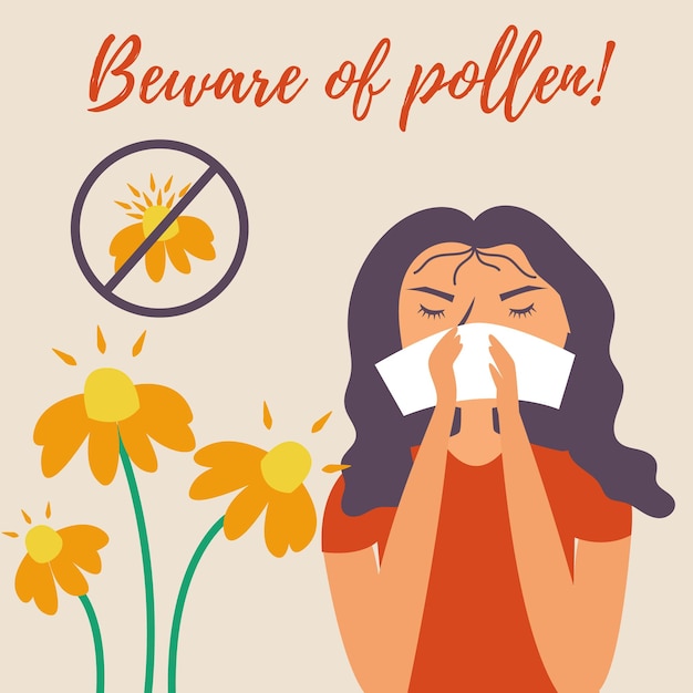 Vector meisjeszakdoek niest allergie loopneus allergie pollen bloemen pas op pollen