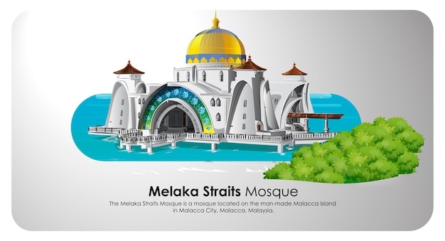 말라카 해협 모스크(Melaka Straits Mosque)는 말레이시아 말라카 시에 있는 모스크이다. 벡터 드로잉입니다.