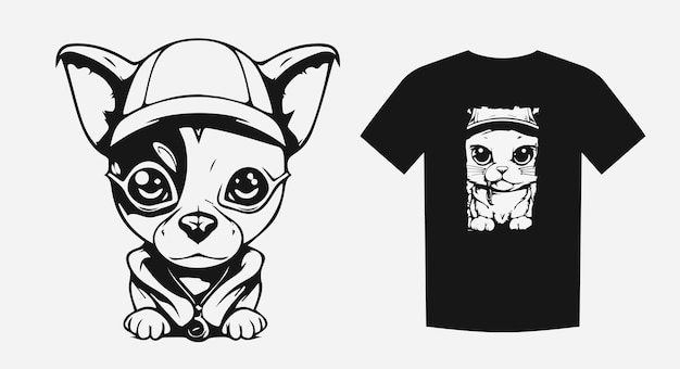 Вектор Меланхоличный пиратский щенок в монохромном мультяшном стиле идеально подходит для принтов на рубашках и логотипах выразительная и уникальная векторная иллюстрация