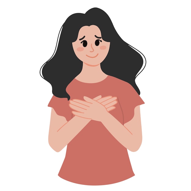 Melancholy smiling woman feeling flatter and pleased with hands in chest illustration