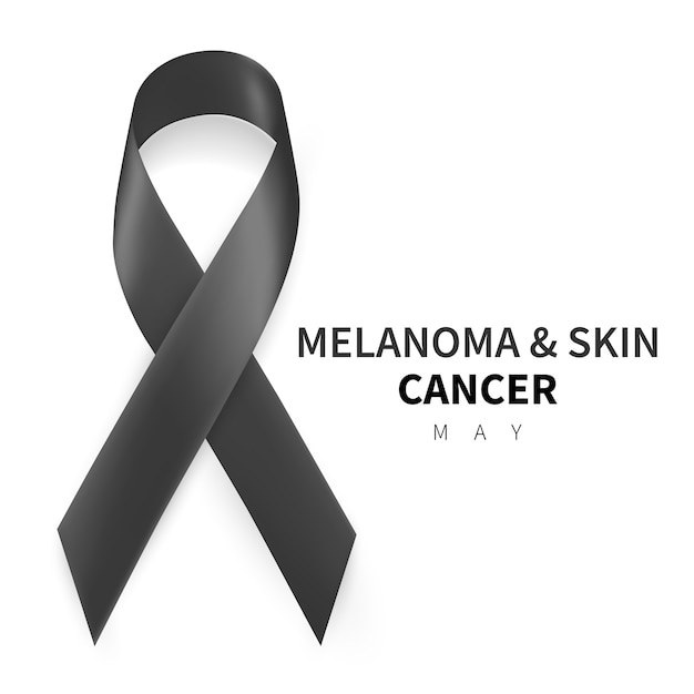 Mese della consapevolezza del melanoma e del cancro della pelle. simbolo di nastro nero realistico.