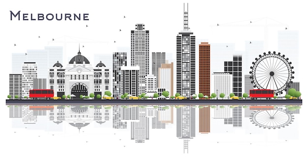 Melbourne Australia City Skyline with Gray Buildings and Reflections Isolated on White Background. Vector Illustration. Tourism Concept with Modern Buildings. Melbourne Cityscape with Landmarks.