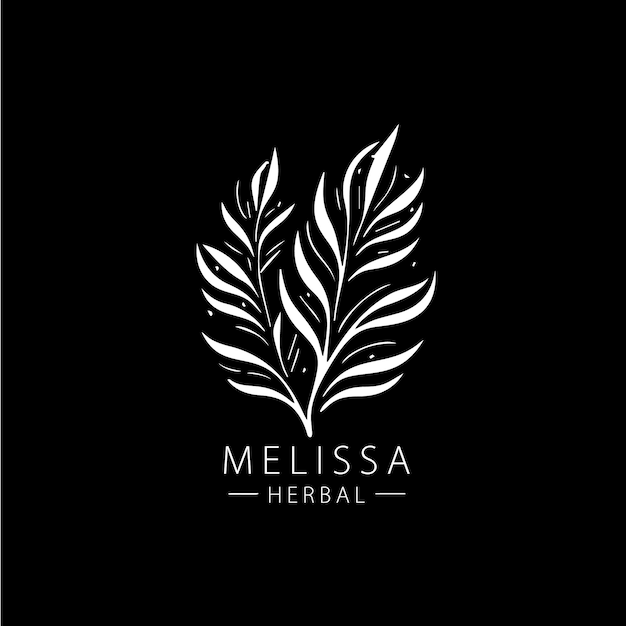 メリッサ ハーブ自由奔放に生きるロゴ手描きのスケッチの白いアイコン乾燥した枝葉黒い背景にシルエット t シャツ プリント自然ラベル タトゥー テンプレート分離ベクトル図