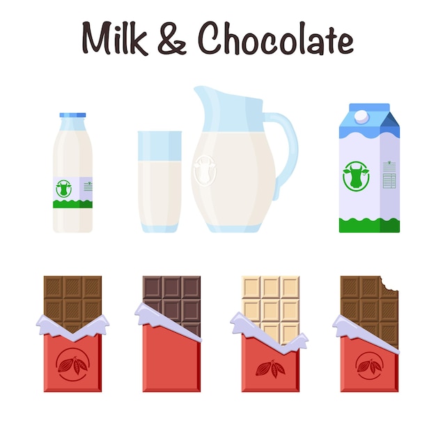 Melk en chocoladerepen Icons Set. Platte stijl. Verzameling van snoepjes in geopende verpakking en folie en zuivelproducten in verschillende verpakkingen