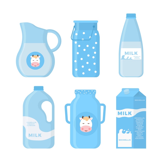 Vector melk en zuivelproducten pictogrammen in een vlakke stijl voor grafisch, webdesign en logo. verzameling van zuivelproducten, waaronder melk, boter, kaas, yoghurt, kwark, ijs, room.