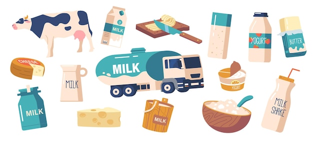 Melk en zuivelproducten set bevat kaas, yoghurt, boterroom en melk in verschillende vormen cartoon vectorillustratie